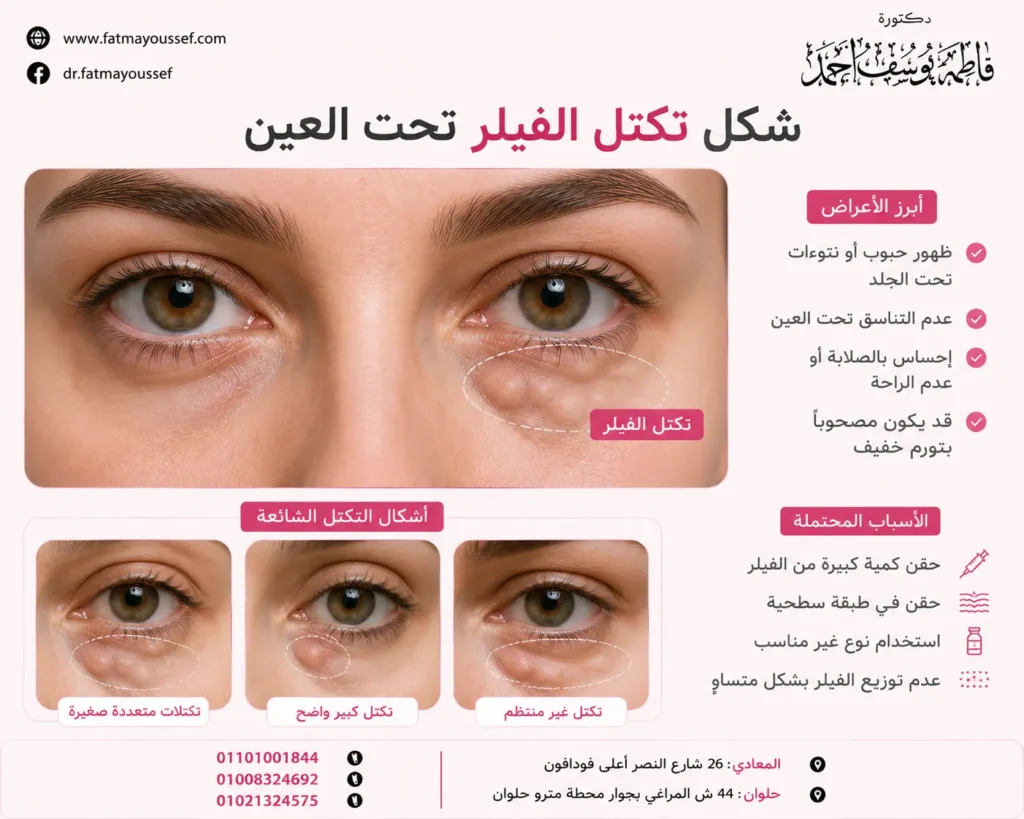 بعد حقن الفيلر، قد يظهر عدم انتظام في ملمس الجلد تحت العين، مما يسبب قلقًا جماليًا. طبيعة هذه المنطقة الرقيقة تجعل أي تغيّر بسيط ملحوظًا، ويؤثر على تناسق المظهر العام للوجه وانسجامه. يختلف شكل تكتل الفيلر تحت العين من حالة لأخرى، ويعتمد على نوع المادة وتفاعل الجسم معها. من واقع خبرتنا في أفضل دكتور تجميل، فإن التقييم الدقيق لطبيعة الأنسجة هو ما يحدد الخطوات التالية، فكل حالة لها خصائصها الفريدة. ما هو شكل تكتل الفيلر تحت العين؟ يظهر التكتل عادةً كبروز صغير أو عدم استواء في سطح الجلد تحت العين بعد الحقن. قد يكون ملمسه لينًا أو صلبًا إلى حد ما، وفي بعض الحالات يكون مرئيًا فقط تحت إضاءة معينة. تعتبر تكتلات الفيلر تحت العين من التغيرات التي تثير القلق، لكن فهم طبيعتها هو الخطوة الأولى للتعامل معها. يختلف شكل تكتل الفيلر تحت العين بناءً على نوع المادة المحقونة وعمق الحقن وتفاعل الأنسجة معها، مما يجعل كل حالة فريدة. لمزيد من التفاصيل راجع علاج تكتلات بعد حقن الفيلر للشفايف. قد يكون مرئيًا عند الابتسام أو تحريك عضلات الوجه. يظهر أحيانًا بلون مختلف مائل للزرقة (تأثير تيندال). يمكن الشعور به بوضوح عند الضغط الخفيف على الجلد. هذه الملاحظات ليست بالضرورة علامات على وجود مشكلة خطيرة، ولكنها مؤشرات مهمة للطبيب لتقييم الحالة. يساعد تحديد طبيعة هذا التغير في معرفة ما إذا كان يحتاج إلى متابعة أم تدخل علاجي بسيط. ولفهم تفاصيل حالتك بشكل أدق، يُفضّل مناقشتها مع أفضل دكتور تجميل لاختيار الأسلوب الأنسب لك. علامات ظهور التكتلات بعد حقن الفيلر تظهر العلامات الأولى عادةً على هيئة عدم انتظام في سطح الجلد. قد تكون هذه التغيرات مرئية بوضوح في إضاءة معينة، أو قد تقتصر على إحساس بوجود كتلة صغيرة وصلبة عند لمس المنطقة بلطف بعد زوال التورم الأولي. تختلف هذه العلامات عن التورم الطبيعي الذي يحدث بعد الحقن مباشرة. بينما يختفي التورم خلال أيام، فإن تكتلات الفيلر تحت العين تبقى ثابتة. لمزيد من التفاصيل راجع احسن علاج للهالات السوداء حول العين. وقد يظهر هذا الاضطراب التجميلي أحيانًا على شكل انتفاخ ممتد بدلاً من كتلة محددة وواضحة. ملمس غير متجانس تحت الجلد عند اللمس. ظهور انتفاخات ثابتة لا تزول مع الوقت. تغير لون الجلد إلى الأزرق أو الرمادي أحيانًا (تأثير تيندال). من المهم معرفة أن شكل تكتل الفيلر تحت العين يتفاوت بشكل كبير، ويعتمد على عوامل مثل نوع المادة وتقنية الحقن المستخدمة. لذلك، فهم طبيعة هذه العلامات هو الخطوة الأولى. ويساعد التقييم المباشر لدى أفضل دكتور تجميل في تحديد الخيار الأنسب وفق طبيعة الحالة. أسباب تكون شكل تكتل الفيلر تحت العين من الحالات التي نلاحظها أن ظهور التكتلات ليس له سبب واحد، بل هو نتيجة تفاعل عدة عوامل معًا. إن فهم أسباب تكتل الفيلر تحت العين يبدأ من معرفة أن طبيعة جلد هذه المنطقة الرقيقة جدًا تجعلها حساسة لأي تغيير. لمزيد من التفاصيل راجع تعليمات بعد حقن فيلر الوجه. قد يتعلق الأمر بنوع المادة المحقونة أو طريقة توزيعها الدقيقة تحت الجلد، أو حتى استجابة الأنسجة الطبيعية للمادة الجديدة، وهو ما يفسر اختلاف النتائج بين شخص وآخر بشكل واضح. هذا الاضطراب التجميلي يتطلب تقييماً دقيقاً. نوع المادة المستخدمة وكثافتها. الكمية المحقونة مقارنة بمساحة المنطقة. تفاعل الجسم الطبيعي مع المادة. إن هذه العوامل مجتمعة هي التي تحدد المظهر النهائي، حيث إن شكل تكتل الفيلر تحت العين قد يكون نتيجة مادة كثيفة جدًا أو كمية زائدة لا تتناسب مع مرونة الجلد. ولفهم تفاصيل حالتك بشكل أدق، يُفضّل مناقشتها مع أفضل دكتور تجميل لاختيار الأسلوب الأنسب لك. [caption id="attachment_3504" align="alignnone" width="1149"] شكل تكتل الفيلر تحت العين[/caption] تشخيص التكتلات الجلدية بعد الحقن يبدأ التشخيص بالفحص البصري واللمس للمنطقة. يقوم الطبيب بتقييم حجم التكتل، وملمسه، ومدى حركته تحت الجلد. لمزيد من التفاصيل راجع هل الثلج يخفف تورم الفيلر؟. هذه الخطوة الأولية تساعد في تكوين صورة مبدئية عن طبيعة المشكلة وما إذا كانت مرتبطة بالحقن مباشرة أم لا. يتم التمييز بين التورم الطبيعي المؤقت والتكتلات الدائمة. فبعض الانتفاخات تزول خلال أيام، بينما تحتاج الأخرى لتقييم أعمق. معرفة أسباب تكتل الفيلر تحت العين، مثل نوع المادة أو طريقة الحقن، جزء أساسي من التشخيص الصحيح لتحديد الخطوة التالية. يعتمد التقييم أيضًا على معرفة نوع الفيلر المستخدم وعمق الحقن. بعض المواد تتفاعل بشكل مختلف مع الأنسجة الرقيقة تحت العين. إن فهم هذه العوامل يساعد في تفسير شكل تكتل الفيلر تحت العين وتحديد ما إذا كان مجرد عدم انتظام بسيط أم يتطلب تدخلاً. لمزيد من التفاصيل راجع هل تورم الشفايف بعد الفيلر طبيعي. خلال الفحص السريري غالبًا ما يتبين أن بعض الحالات تحتاج فقط إلى المتابعة والوقت. يعتمد القرار النهائي على التقييم الدقيق للحالة وتاريخها الطبي. ويساعد التقييم المباشر لدى أفضل دكتور تجميل في تحديد الخيار الأنسب وفق طبيعة الحالة. خيارات علاج شكل تكتل الفيلر تحت العين تعتمد طريقة التعامل مع التكتلات على سببها وحجمها ونوع المادة المحقونة. في بعض الحالات البسيطة، قد يكون التدليك الخفيف الذي يوصي به الطبيب كافيًا، بينما الحالات الأكثر تعقيدًا تتطلب تدخلًا مدروسًا. الهدف الأساسي من علاج تكتل الفيلر تحت العين هو استعادة المظهر الطبيعي والناعم للمنطقة بدون التأثير على النتيجة الجمالية الأصلية. التقييم الدقيق هو الخطوة الأولى لتحديد المسار الصحيح، حيث أن كل حالة تختلف عن الأخرى. لمزيد من التفاصيل راجع هل الفيلر مضر للشفايف. التدليك الموجه من قبل الطبيب. استخدام مواد خاصة لإذابة الفيلر الزائد. المراقبة والانتظار في الحالات الطفيفة جدًا. يتم اختيار أحد هذه الأساليب أو دمجها بناءً على الفحص السريري. إن فهم طبيعة شكل تكتل الفيلر تحت العين لديك هو ما يمكّن الطبيب من وضع خطة علاجية مخصصة وآمنة تضمن أفضل نتيجة ممكنة. ولفهم تفاصيل حالتك بشكل أدق، يُفضّل مناقشتها مع أفضل دكتور تجميل لاختيار الأسلوب الأنسب لك. المضاعفات المحتملة لتكتلات الفيلر غير المعالجة إهمال التكتلات التي تظهر بعد الحقن، حتى لو كانت صغيرة، قد يؤدي إلى تغيرات غير مرغوبة على المدى الطويل. في بعض الحالات، قد يحدث ما يشبه تحجر الفيلر تحت العين، حيث تصبح المادة المحقونة أكثر صلابة وتلتصق بالأنسجة المحيطة بها، مما يجعل التعامل معها أو إذابتها لاحقًا أكثر تعقيدًا. هذا التصلب قد يؤثر على حركة العضلات الدقيقة تحت العين ويمنح مظهرًا غير طبيعي. لمزيد من التفاصيل راجع افضل دكتور فيلر في مصر. استمرار شكل تكتل الفيلر تحت العين بدون تقييم طبي قد يفتح الباب أمام مضاعفات حقن الفيلر تحت العين الأخرى، مثل الالتهابات المزمنة، أو ظهور انتفاخ دائم بسبب تجمع السوائل، أو حتى تغير لون الجلد في حالات نادرة. لذلك، التقييم المبكر يمنع تفاقم الخلل الجمالي ويجعل الحلول أبسط وأكثر فعالية. ويساعد الفحص السريري لدى أفضل دكتور تجميل في تحديد الخيار الأنسب لك دون مبالغة. كيفية تجنب هذه التقنية لتجنب ظهور أي تغيرات غير مرغوبة، يعتمد الأمر بشكل أساسي على خبرة الطبيب واختيار المادة المناسبة. فالاختيار الدقيق للمادة وتقنية الحقن هما مفتاح النجاح في هذه المنطقة الحساسة. الطبيب المتمكن يفهم طبيعة الأنسجة الرقيقة تحت العين، ويستخدم تقنية حقن دقيقة توزع المادة بتجانس، مما يقلل من احتمالية حدوث فشل فيلر تحت العين. كما يحرص على استخدام إبر رفيعة جدًا لتقليل الكدمات والتورم. كما أن اختيار نوع فيلر مناسب لهذه المنطقة تحديدًا، ليس كثيفًا جدًا، يمنع الكثير من مضاعفات حقن الفيلر تحت العين المحتملة. لمزيد من التفاصيل راجع ما فوائد الفيلر للوجه. يُفضل استخدام أنواع الفيلر القائمة على حمض الهيالورونيك ذات اللزوجة المنخفضة لضمان مظهر طبيعي وناعم. اتباع تعليمات الطبيب بعد الإجراء يلعب دورًا مهمًا أيضًا في استقرار المادة وتقليل أي مخاطر. هذه الخطوات الاحترازية هي أفضل طريقة لتفادي هذا العلاج وضمان نتيجة طبيعية. ويساعد الفحص السريري لدى أفضل دكتور تجميل في تحديد الخيار الأنسب لك دون مبالغة، مع الأخذ في الاعتبار تاريخك الطبي وتوقعاتك. الرعاية بعد علاج تكتلات الفيلر بعد إتمام أي إجراء علاجي لتكتلات الفيلر، تبدأ مرحلة مهمة وهي الرعاية المنزلية. هذه المرحلة لا تقل أهمية عن العلاج نفسه، فهي تضمن استقرار الأنسجة، وتساعد على الوصول للنتائج النهائية بشكل هادئ وسليم، وتقلل من احتمالية ظهور أي مضاعفات غير مرغوبة. لمزيد من التفاصيل راجع متى اعمل مساج بعد فيلر الشفايف. الهدف من التعليمات هو الحفاظ على نتيجة إجراءات مثل تصحيح فيلر تحت العين ومنع عودة المشكلة. يساهم الالتزام بالرعاية في تقليل التورم والمساعدة على اندماج الأنسجة بشكل طبيعي، وهو ما يمنع ظهور أي تغيّر في هذه الجلسات مجددًا بعد أن تم علاجه. تشمل الإرشادات غالبًا تجنب الضغط على المنطقة، والامتناع عن بعض الأنشطة البدنية الشاقة لفترة قصيرة، واستخدام كمادات باردة حسب توجيهات الطبيب. كل هذه الخطوات البسيطة لها تأثير كبير على جودة النتيجة النهائية واستدامتها على المدى الطويل. ويُفضّل مناقشة الحالة مع أفضل دكتور تجميل لتحديد الخيارات المتاحة بناءً على التقييم المباشر. لمزيد من التفاصيل راجع طريقة حقن فيلر الخدود. متى تستدعي تكتلات الفيلر التدخل الطبي؟ من المهم التمييز بين الآثار الجانبية الطبيعية والمؤقتة وبين المشكلات التي تتطلب اهتمامًا. في الأيام الأولى بعد الحقن، من الشائع ملاحظة بعض عدم الانتظام، ولكن هذا يزول عادةً خلال أسبوع إلى أسبوعين. إن استمرار التكتل بعد هذه الفترة هو أول مؤشر على وجود خلل. يعتبر تورم بعد فيلر العين أمرًا متوقعًا، لكن عندما يتحول إلى كتلة محسوسة لا تتحسن، يصبح من الضروري تقييم الحالة بشكل أكثر دقة لمعرفة طبيعة الأنسجة. إذا استمر التكتل واضحًا وصلبًا لأكثر من أسبوعين. عندما يكون مصحوبًا بألم عند اللمس، أو احمرار يزداد. في حال كان حجمه يتغير أو يبدو غير متساوٍ بشكل ملحوظ. هذه المؤشرات لا تعني بالضرورة وجود مشكلة خطيرة، لكنها تستدعي التقييم الطبي. إن تحليل هذا الإجراء من قبل مختص يساعد في تحديد ما إذا كان الأمر ناتجًا عن تقنية الحقن، نوع المادة، أو تفاعل الجسم معها. لمزيد من التفاصيل راجع كريم لتخفيف تورم الشفايف بعد الفيلر. ولفهم تفاصيل حالتك بشكل أدق، يُفضّل مناقشتها مع أفضل دكتور تجميل لاختيار الأسلوب الأنسب لك. لتقييم دقيق لحالتك، استشر د. فاطمة يوسف الفحص السريري هو الخطوة الأولى والأساسية لفهم طبيعة أي تغيّر يظهر بعد حقن الفيلر. هذا التقييم ضروري لتحديد طبيعة المشكلة. يعتمد التقييم على خبرة الطبيب في فحص الأنسجة وتحديد مصدر المشكلة بدقة، وهو أمر لا يمكن تحديده بالنظر فقط أو من خلال الصور. عند تقييم هذه التقنية، يفحص الطبيب عمق المادة المحقونة، وتفاعلها مع الجلد، ودرجة حركتها. هذا التحليل يساعد في التفرقة بين التورم الطبيعي وبين وجود تكتل فعلي يحتاج إلى تدخل علاجي واضح. بناءً على هذا الفحص الدقيق، يتم تحديد ما إذا كانت الحالة تستدعي إجراءات مثل تصحيح فيلر تحت العين أو مجرد المتابعة. لمزيد من التفاصيل راجع متى اعمل مساج بعد فيلر الشفايف. بعض الحالات قد تتحسن تلقائيًا مع الوقت، بينما يحتاج البعض الآخر لخطة علاجية محددة ومدروسة. من خلال هذا التقييم، يمكن وضع خطة واضحة ومناسبة للحالة. ويُفضّل مناقشة الحالة مع أفضل دكتور تجميل لتحديد الخيارات المتاحة بناءً على التقييم المباشر. الأسئلة الشائعة حول هذه التقنية كيف يظهر التكتل بعد حقن الفيلر تحت العين؟ يظهر على هيئة بروز صغير أو عدم انتظام ملموس. غالبًا ما نلاحظ أن وضوحه يعتمد على الإضاءة وسُمك الجلد. قد يكون هذه التقنية مرئيًا أو محسوسًا فقط، وتقييم هذا التكتل يحدد طبيعته وما إذا كان مؤقتًا. لماذا يتكتل الفيلر أحيانًا تحت العين؟ ينتج عن عدة عوامل، منها نوع المادة المحقونة (قد تكون كثيفة جدًا)، أو عمق الحقن السطحي، أو تفاعل الأنسجة. قد يؤدي ذلك إلى ما يشبه تحجر الفيلر تحت العين، والفحص السريري هو ما يحدد السبب الدقيق لكل حالة. هل تختفي تكتلات الفيلر تحت العين دون علاج؟ أحيانًا، قد تتحسن التكتلات الصغيرة واللينة تلقائيًا. لكن من الحالات التي نلاحظها أن الكتل الصلبة أو الكبيرة لا تختفي. يعتمد القرار بين الانتظار أو إجراء ذوبان الفيلر تحت العين على تقييم الطبيب لطبيعة الحالة وتطورها. ما هي الخيارات المتاحة لتصحيح تكتل الفيلر؟ تتراوح الخيارات من التدليك الموجه إلى استخدام إنزيمات مخصصة للإذابة. يعتمد اختيار علاج هذا التكتل على تقييم طبيعة المشكلة وحجمها ونوع المادة، وهو ما يحدده الفحص الطبي لضمان الأسلوب الأنسب. الخاتمة شكل تكتل الفيلر تحت العين